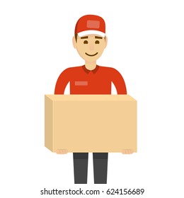 Delivery boy with big box. Funny character man isolated on white.