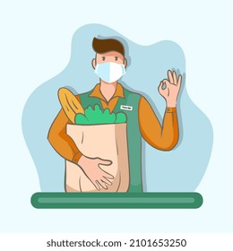 A delivery boy with a box during the prevention of coronavirus, Covid-19. Flat cartoon style vector illustration.