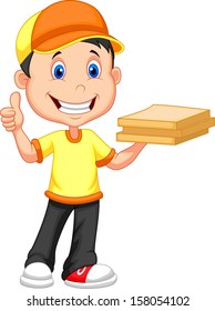 Delivery boy bringing a cardboard pizza box