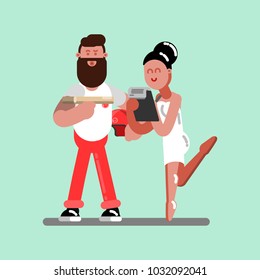 Delivery boy brings pizza to the client