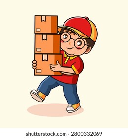 Delivery Boy Carrying Stack of Boxes Vector Illustration Cartoon Design