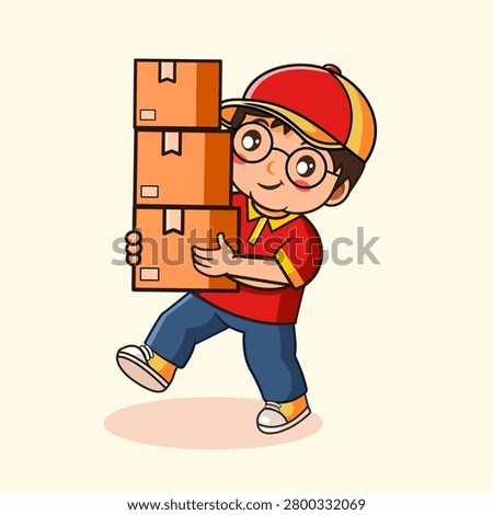 Delivery Boy Carrying Stack of Boxes Vector Illustration Cartoon Design