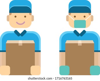 Delivery Boy Cartoon Character With Mask And Gloves Vector Illustration.