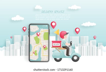 Delivery boy delivering a package to town, online booking. Vector illustration