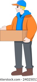 El repartidor con una cara amigable trae la caja del paquete al cliente, diseño de ilustración creativa