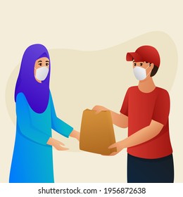 Delivery Boy Giving Paper Bag To Muslim Woman In Safety Mask To Protect Of Coronavirus.