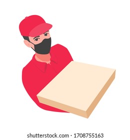 Delivery boy holding a blank closed pizza box. Young adult man in a red polo t-shirt, baseball cap, mask. Sickness prevention. Copy space for text, logo. Illustration isolated on a white background.