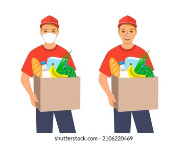 Un chico de reparto con las manos en la caja. Pedidos de productos en la tienda con servicio de entrega en casa. Ilustración vectorial plana. Un agradable y lindo empleado de servicio de entrega le da al cliente el pedido