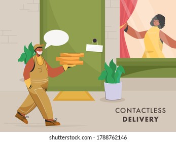 Parche de Parcela con Cajas de Parcelas y Mujer Cliente buscando desde la ventana para entrega sin contacto para proteger el Coronavirus.