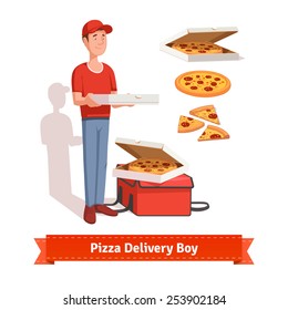 Delivery boy holding pizza cardboard box. Special delivery bag with pizza on top of it. Some slices. Flat style illustration or icon. EPS 10 vector.