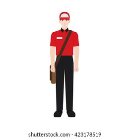 Delivery Boy/ Man And Sling Bag Vector Illustration. Character Isolated On White Background. Front View.