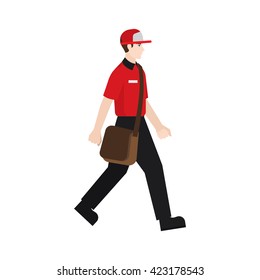 Delivery Boy/ Man And Sling Bag Vector Illustration. Character Isolated On White Background.