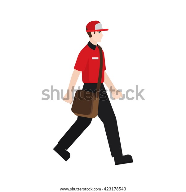 Delivery boy/ man and sling bag vector\
illustration. Character isolated on white\
background.