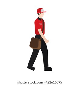 Delivery boy/ man vector illustration. Delivery courier walking with a sling bag, character isolated on white background.