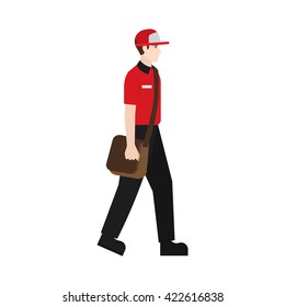 Delivery boy/ man vector illustration. Delivery courier walking with a sling bag, character isolated on white background.