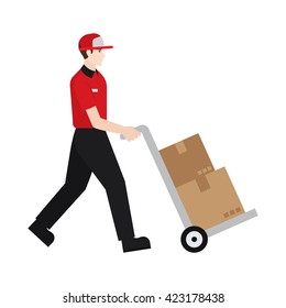 Delivery boy/ man vector illustration. Delivery courier delivering package, character isolated on white background.