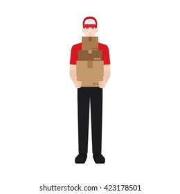 Delivery boy/ man vector illustration. Delivery courier holding packages, character isolated on white background.