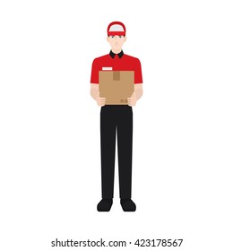 Delivery boy/ man vector illustration. Delivery courier delivering a package, character isolated on white background. Front view.