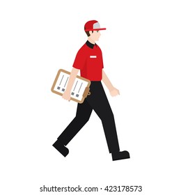 Delivery boy/ man vector illustration. Delivery courier holding check list, character isolated on white background.