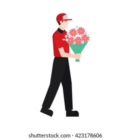 Delivery boy/ man vector illustration. Delivery courier delivering flowers, character isolated on white background.