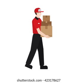 Delivery boy/ man vector illustration. Delivery courier delivering packages, character isolated on white background.