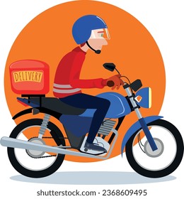 delivery boy - moto boy -  with helmet and motorcycle equipped with trunk. Pizza delivery. Oorange circle as background.