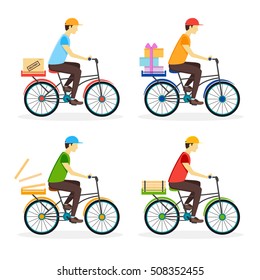 Delivery Boy on the Bike Set. Flat Design Style. Vector illustration of four male courier  character riding bicycle with different  boxes. City person courier 