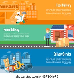 Delivery boy on scooter with cardboard boxes, postman with parcels near house, chef in uniform running with restaurant cloche. Food and home delivery service horizontal banners, vector illustration