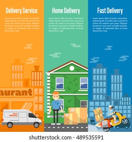 Delivery boy on scooter with cardboard boxes, postman with parcels near house, white delivery truck on cityscape. Food and home delivery service vertical banners, vector illustration
