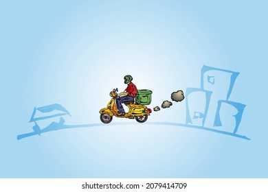 A delivery boy on a scooter making cargo drop in an urban landscape. Hand drawn vector illustration.