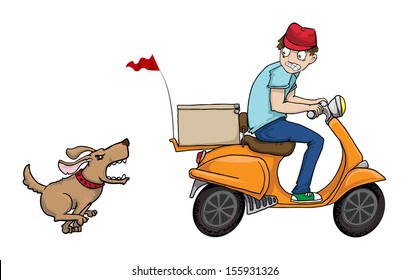 Delivery boy on a scooter running away from angry chasing dog, vector illustration