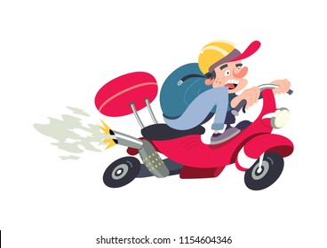 Delivery boy on scooter with trunk case box driving fast in rush comic cartoon vector illustration on transparent background
