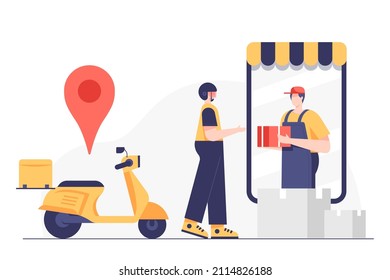 El repartidor recoge el paquete de la tienda en línea para enviarlo al cliente con ubicación en aplicación por motocicleta, ilustración vectorial