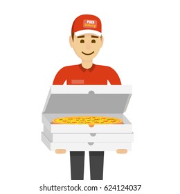 Delivery boy with pizza. Funny character man isolated on white.