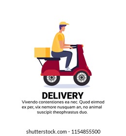 delivery boy ride scooter box concept fast free transport motorcycle isolated copy space flat vector illustration