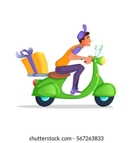 Delivery Boy Ride Scooter Motorcycle Service, Order, Worldwide Shipping, Fast and Free Transport. Cartoon vector illustration