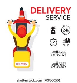 Delivery Boy Ride Scooter Motorcycle , Top or Above View with Service Icons 