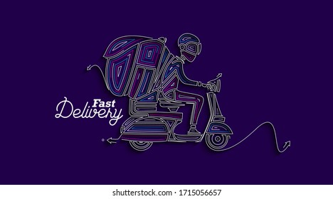 Delivery boy ride scooter delivery service , Order, Fast Shipping, Flat Line Art Vector Background. 