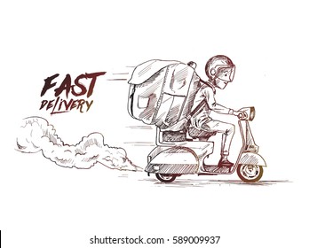 Delivery boy ride scooter delivery service , Order, Fast Shipping, Hand Drawn Sketch Vector Background. 