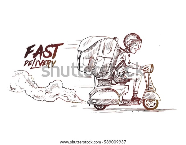 Delivery boy ride\
scooter delivery service , Order, Fast Shipping, Hand Drawn Sketch\
Vector Background. 