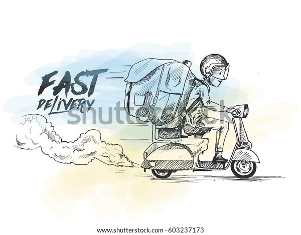 Delivery boy ride\
scooter delivery service , Order, Fast Shipping, Hand Drawn Sketch\
Vector Background. 