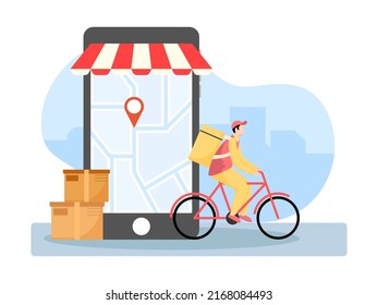 Delivery Boy Riding Bicycle With Parcel Boxes And Location Tracking App In Smartphone On White And Blue Background.