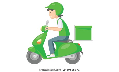 Delivery boy riding scooter with delivery box in green uniform. concept of grocery and parcel delivery service. vector illustration