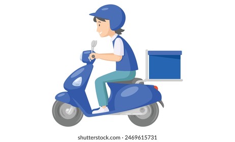 Delivery boy riding scooter with delivery box in blue uniform. concept of medicine and parcel delivery service. vector illustration