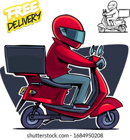 Delivery Boy Riding a Scooter. Free delivery. Cartoon illustration