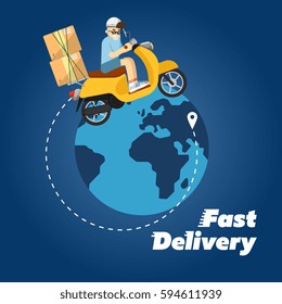 Delivery boy riding yellow scooter with cardboard boxes on background of globe. Fast delivery banner, vector illustration. Motorcycle courier service. Worldwide shipping and moving concept.