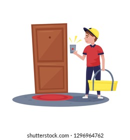 Delivery boy ringing at apartment doorbell. Guy holding bag with order. Fast food delivery service Flat vector design