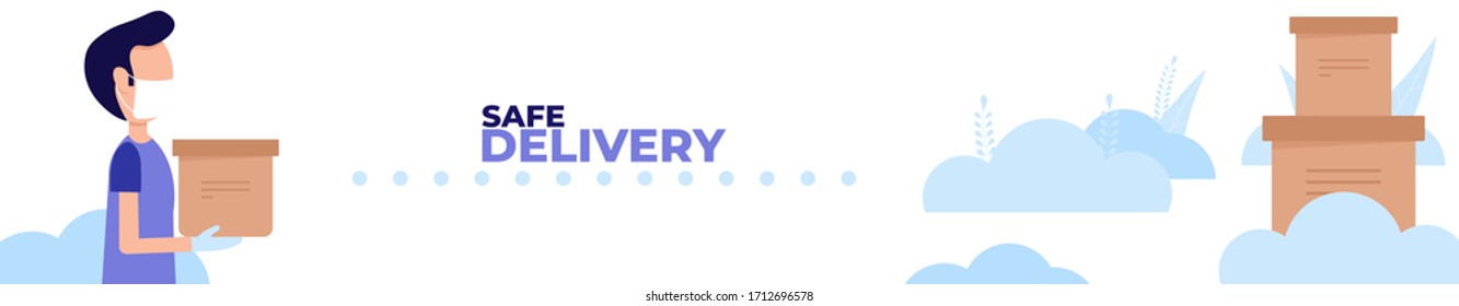 Delivery boy safe ordered. Quarantine coronavirus epidemic. Courier protected medical mask and gloves. Safe food delivery and stay home.