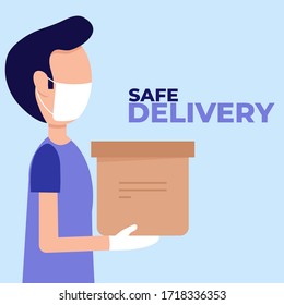 Delivery boy safe ordered. Quarantine coronavirus epidemic. Courier protected medical mask and gloves. Safe food delivery and stay home.