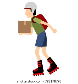 Delivery boy with skates on a white background, Vector illustration